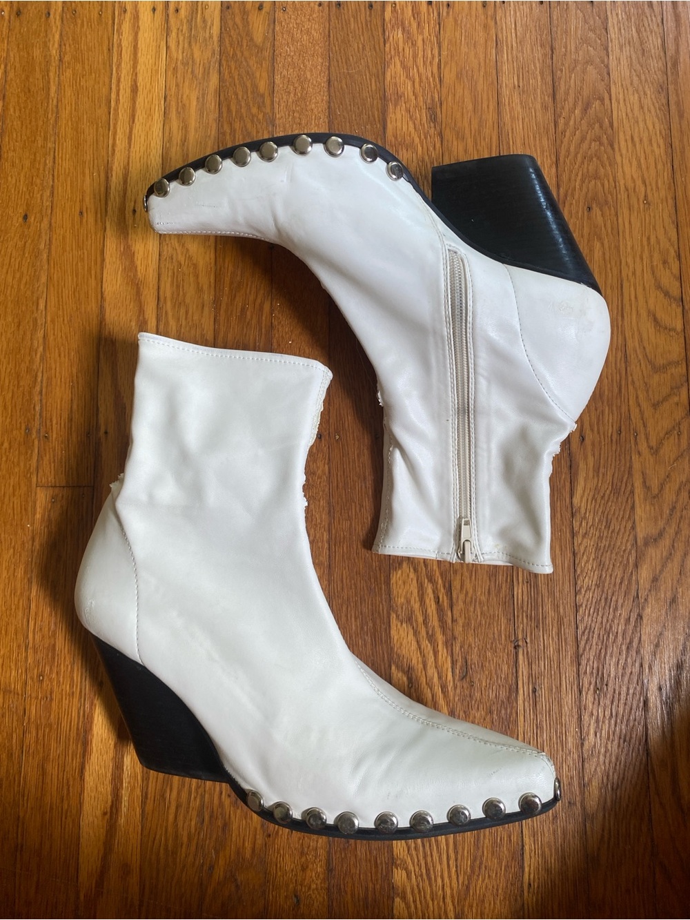 Jeffrey Campbell White Studded Leather Ankle Boots with Black Heel